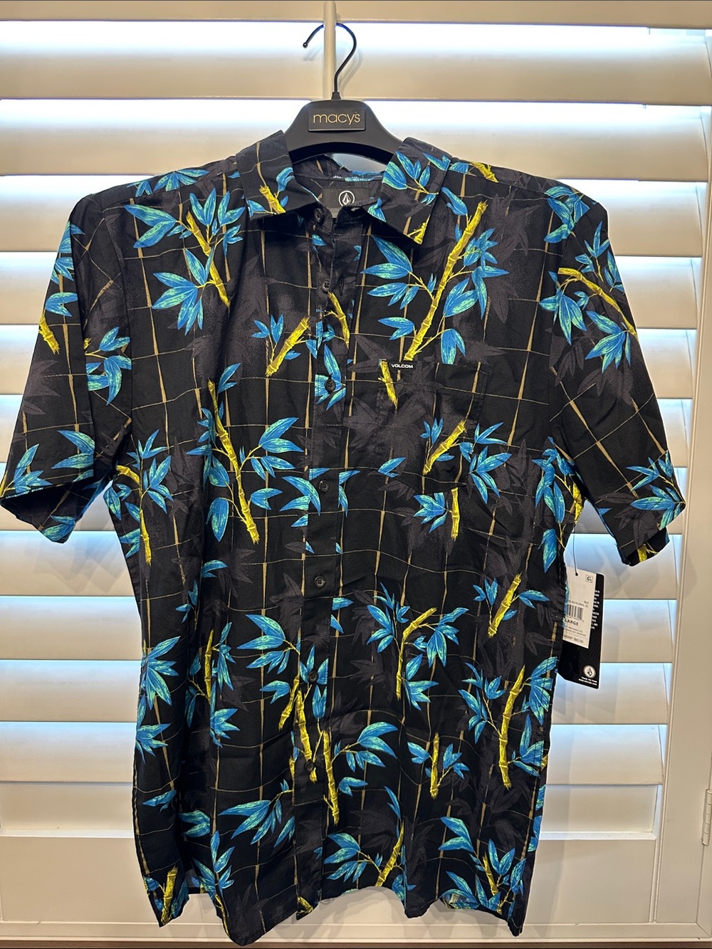 Volcom Black Short Sleeve Shirt with Blue & Yellow Tropical Print
